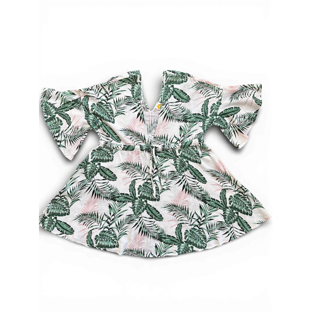C&C California Linen Palm Leaf Print Kimono Cover Up White Green Pink Size M